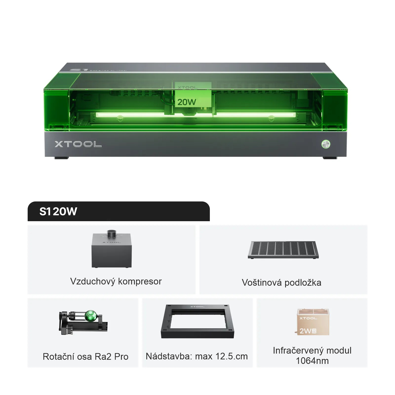 xTool S1 - 20W Inteligentní diodová gravírka DELUXE sada+ 1064nm IR modul
