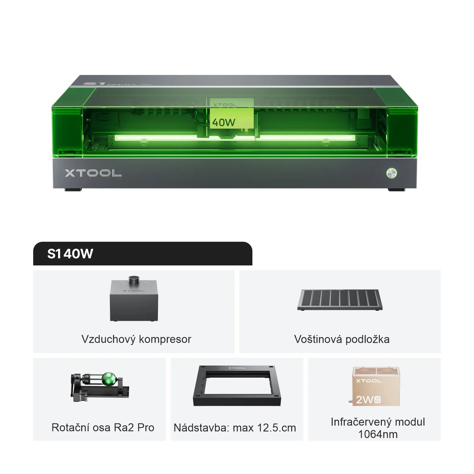 xTool S1 - 40W Chytrá diodová gravírka DELUXE sada + 1064nm IR modul