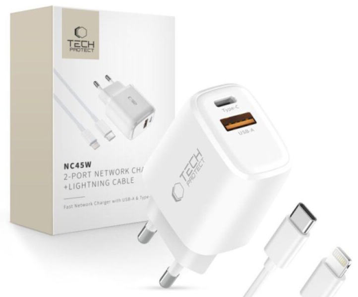Rychlá nabíječka do sítě - Tech-Protect, NCA45W-GAN PD45W/QC3.0 + Lightning kabel