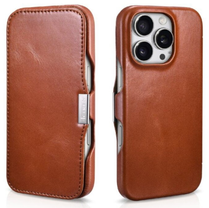 Knížkové pouzdro na iPhone 16 Pro - iCarer, Oil Wax Real Leather MagSafe Brown