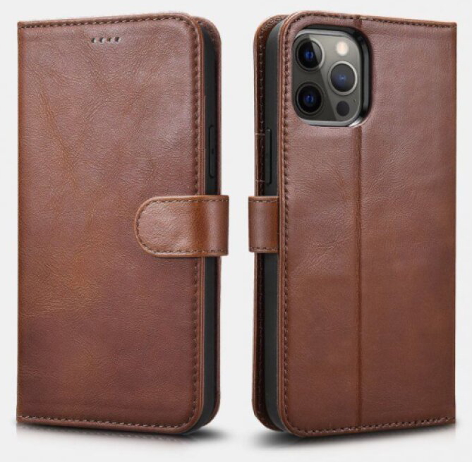 Kožené pouzdro na iPhone 12 Pro MAX - iCarer, Crazy Horse 2in1 with RFID Coffee
