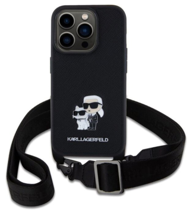 Ochranný kryt s crossbody popruhem pro iPhone 15 Pro - Karl Lagerfeld, Saffiano Metal Karl and Choupette Black