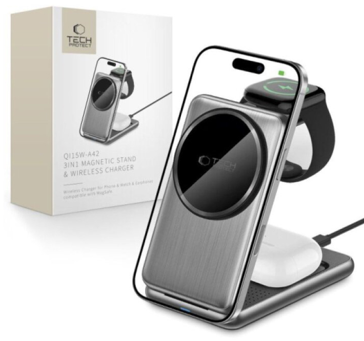 Bezdrátová nabíječka pro iPhone, AirPods a Apple Watch - Tech-Protect, QI15W-A42 MagSafe Space Gray