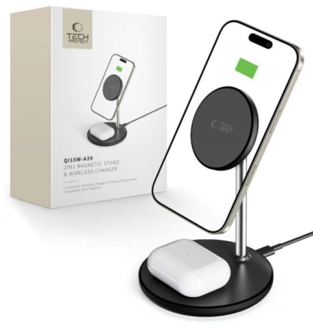 Bezdrátová rychlá nabíječka pro iPhone a AirPods - Tech-Protect, QI15W-A39 MagSafe Wireless Charger Black