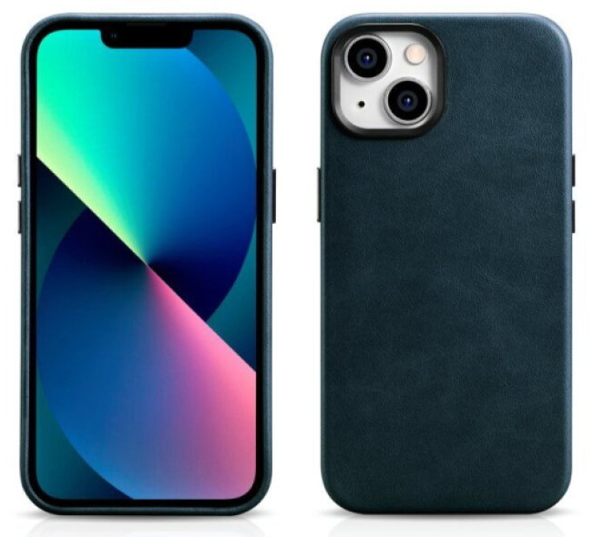 Kožený obal na iPhone 14 - iCarer, OilWax MagSafe Blue