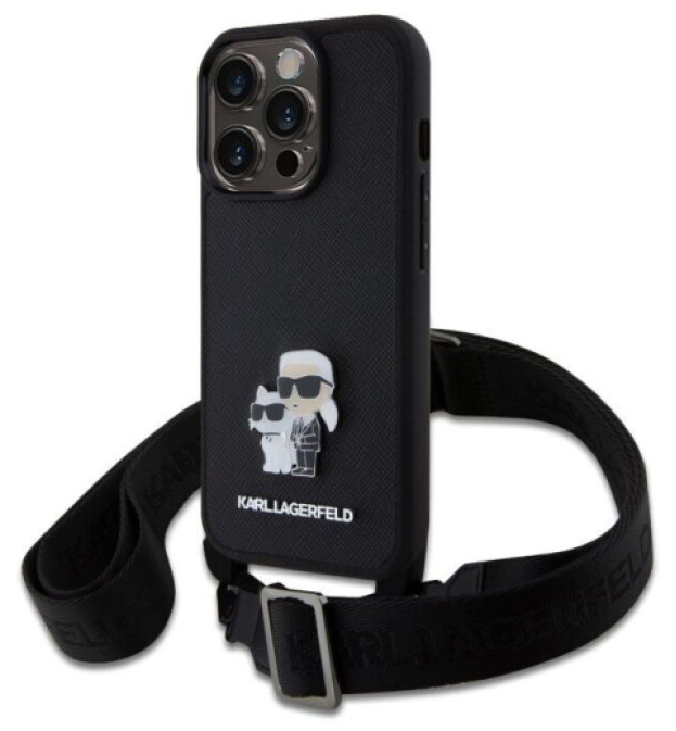 Ochranný kryt s crossbody popruhem pro iPhone 15 Pro - Karl Lagerfeld, Saffiano Metal Karl and Choupette Black