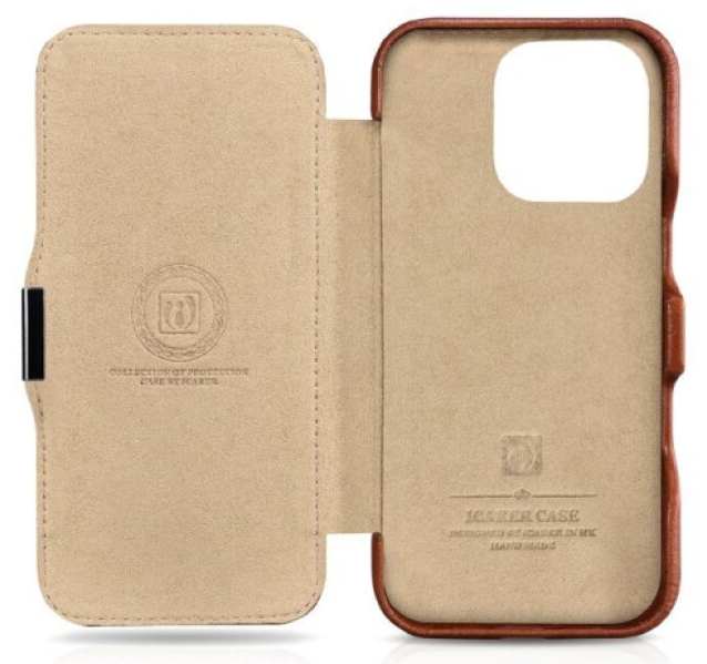 Knížkové pouzdro na iPhone 16 Pro - iCarer, Oil Wax Real Leather MagSafe Brown