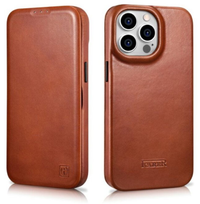 Knížkové pouzdro pro iPhone 14 Pro - iCarer, Curved Edge MagSafe Brown