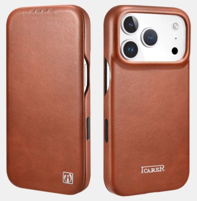 Knížkové pouzdro na iPhone 17 Pro MAX - iCarer, Oil Wax Real Leather MagSafe Brown