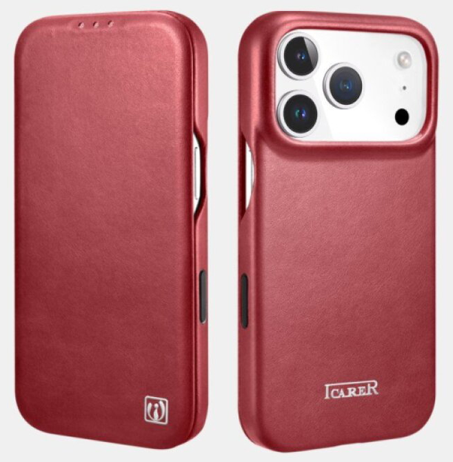 Knížkové pouzdro na iPhone 17 Pro MAX - iCarer, Oil Wax Real Leather MagSafe Red