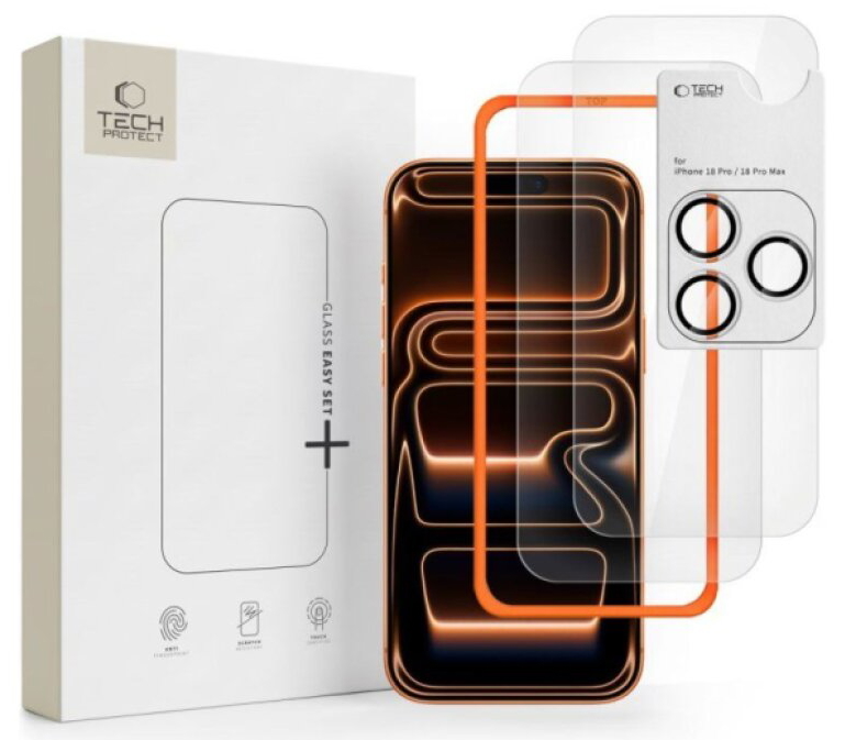 Ochranná sada na iPhone 18 Pro - Tech-Protect, Easy Set+ (2x sklo na displej + instalačním rámeček + ochrana fotoaparátu)