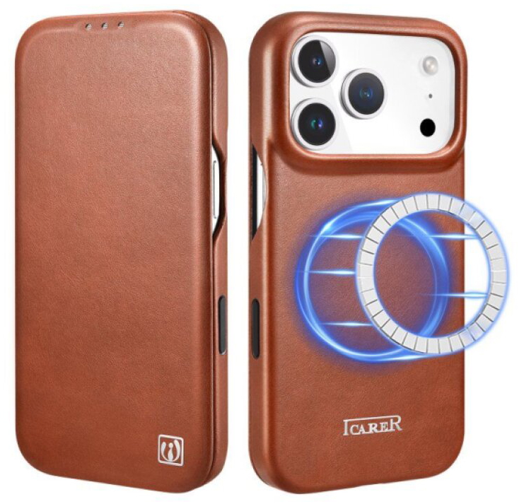 Knížkové pouzdro na iPhone 17 Pro - iCarer, Oil Wax Real Leather MagSafe Brown