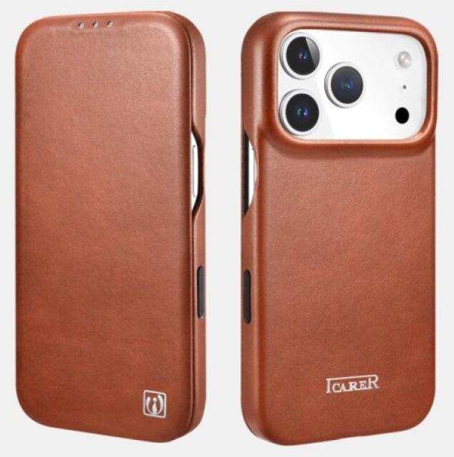 Knížkové pouzdro na iPhone 17 Pro - iCarer, Oil Wax Real Leather MagSafe Brown