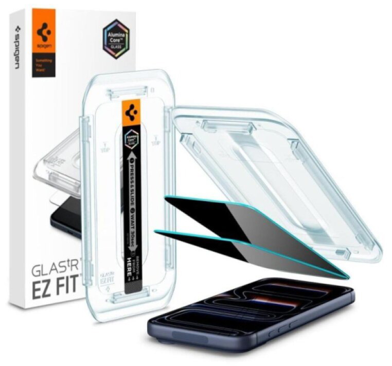 Ochranné tvrzené sklo na iPhone 17 / 17 Pro / 16 Pro - Spigen, Glas.tR EZ Fit Privacy (2ks s aplikátorem)