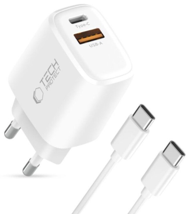 Nabíjecí USB adaptér do sítě - Tech-Protect, NCA45W-GAN PD45W/QC3.0 White + USB-C kabel