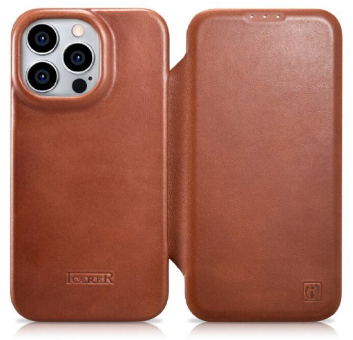 Knížkové pouzdro pro iPhone 14 Pro - iCarer, Curved Edge MagSafe Brown