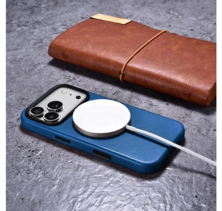 Kožený obal na iPhone 17 Pro MAX - iCarer, OilWax MagSafe Light Blue