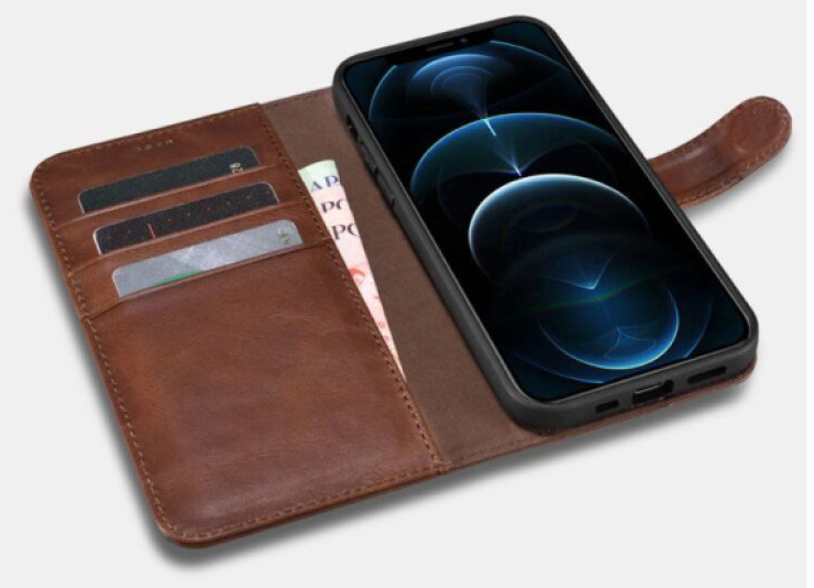Kožené pouzdro na iPhone 12 Pro MAX - iCarer, Crazy Horse 2in1 with RFID Coffee