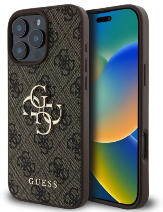 Ochranný kryt na iPhone 16 Pro - Guess, 4G Metal Logo Brown