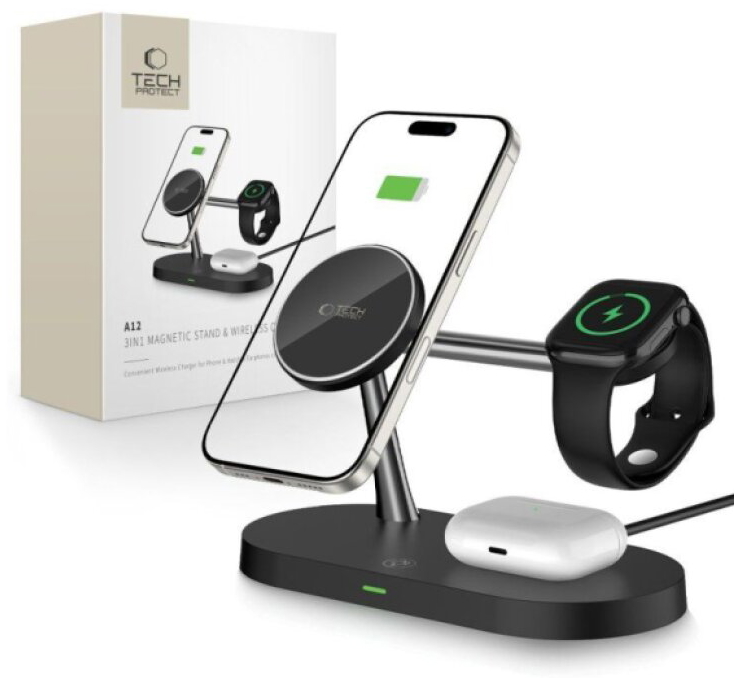 Bezdrátová rychlá nabíječka pro iPhone, AirPods a Apple Watch - Tech-Protect, A12 MagSafe Wireless Charger Black