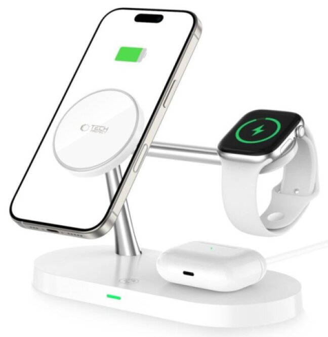 Bezdrátová rychlá nabíječka pro iPhone, AirPods a Apple Watch - Tech-Protect, A12 MagSafe Wireless Charger White
