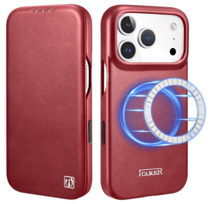 Knížkové pouzdro na iPhone 17 Pro MAX - iCarer, Oil Wax Real Leather MagSafe Red