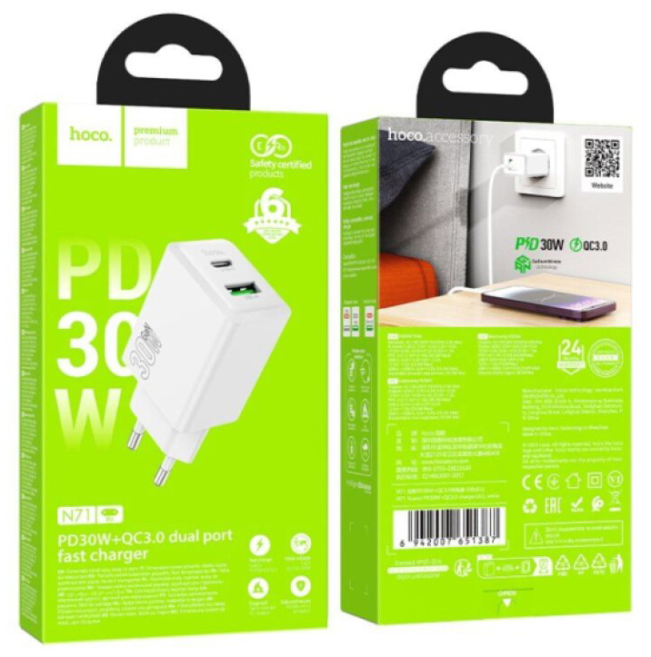 Rychlá nabíječka do sítě - Hoco, N71 Nuevo PD30W/QC3.0 White