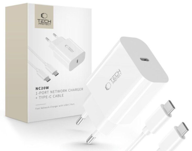 USB-C nabíječka do sítě - Tech-Protect, NC20W + USB-C kabel