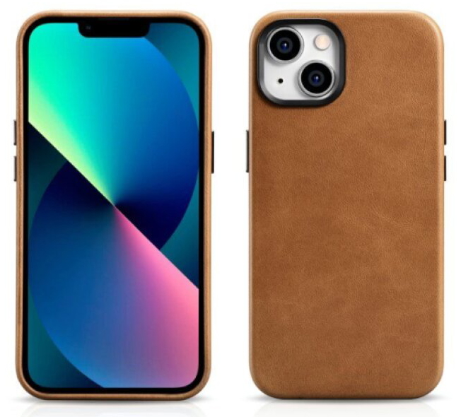 Kožený obal na iPhone 14 - iCarer, OilWax MagSafe Camel