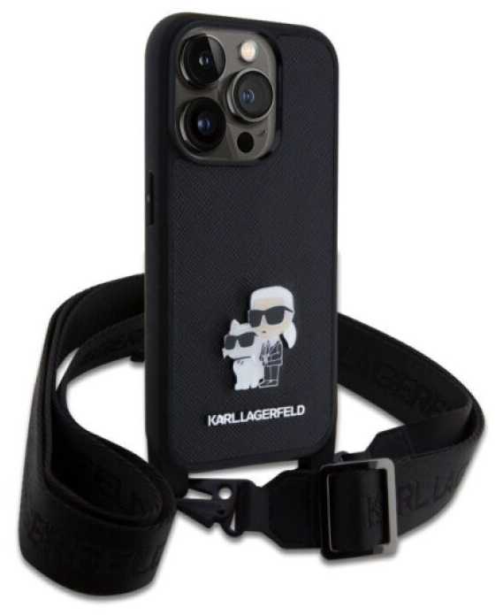 Ochranný kryt s crossbody popruhem pro iPhone 15 Pro - Karl Lagerfeld, Saffiano Metal Karl and Choupette Black