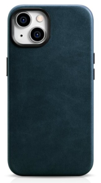 Kožený obal na iPhone 14 - iCarer, OilWax MagSafe Blue