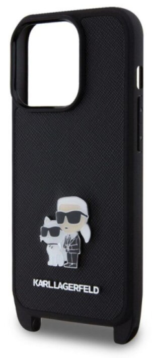 Ochranný kryt s crossbody popruhem pro iPhone 15 Pro - Karl Lagerfeld, Saffiano Metal Karl and Choupette Black