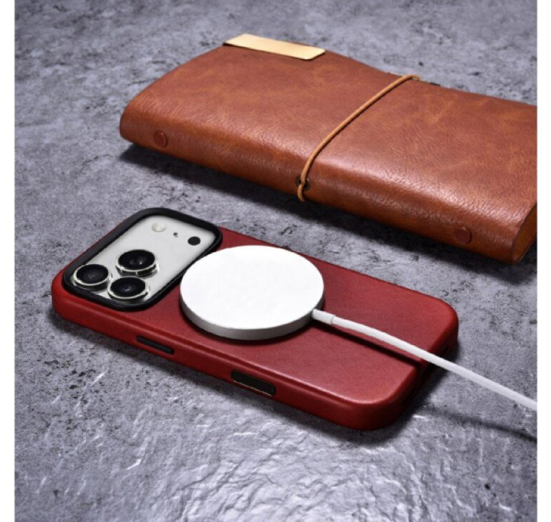 Kožený obal na iPhone 17 Pro MAX - iCarer, OilWax MagSafe Dark Red