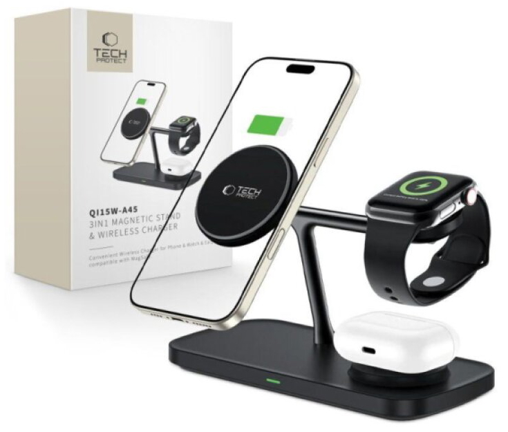 Bezdrátová rychlá nabíječka pro iPhone, AirPods a Apple Watch - Tech-Protect, QI15W-A45 MagSafe Wireless Charger Black