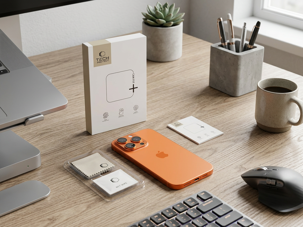 Ochrana na zadní kameru iPhone 17 Pro - Tech-Protect, CamFull Fit+ Cosmic Orange