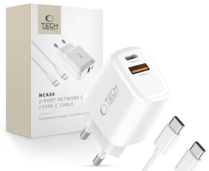 Nabíjecí USB adaptér do sítě - Tech-Protect, NCA30 PD30W/QC3.0 + USB-C kabel