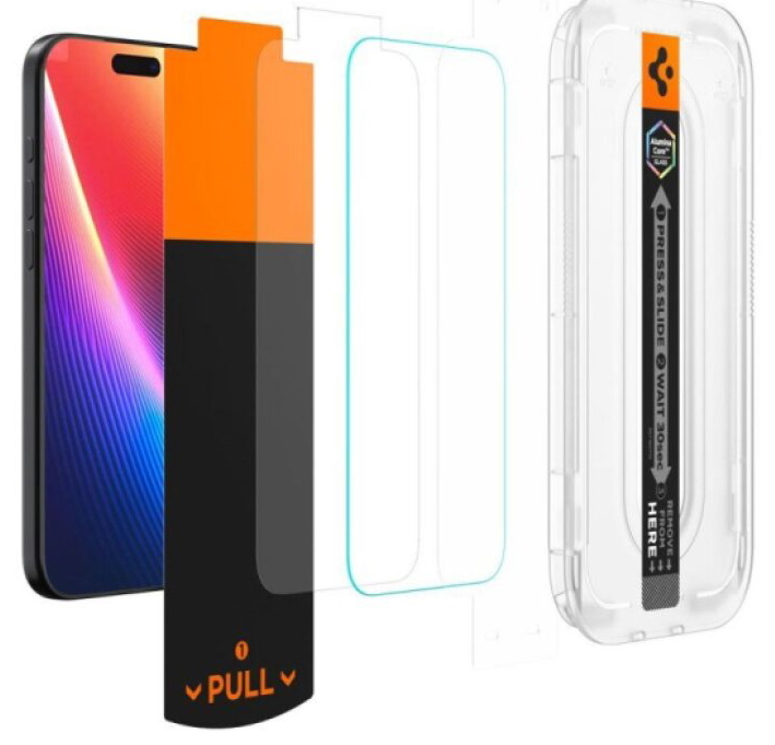 Ochranné tvrzené sklo na iPhone 17 / 17 Pro / 16 Pro - Spigen, Glas.tR EZ Fit (1ks s aplikátorem)