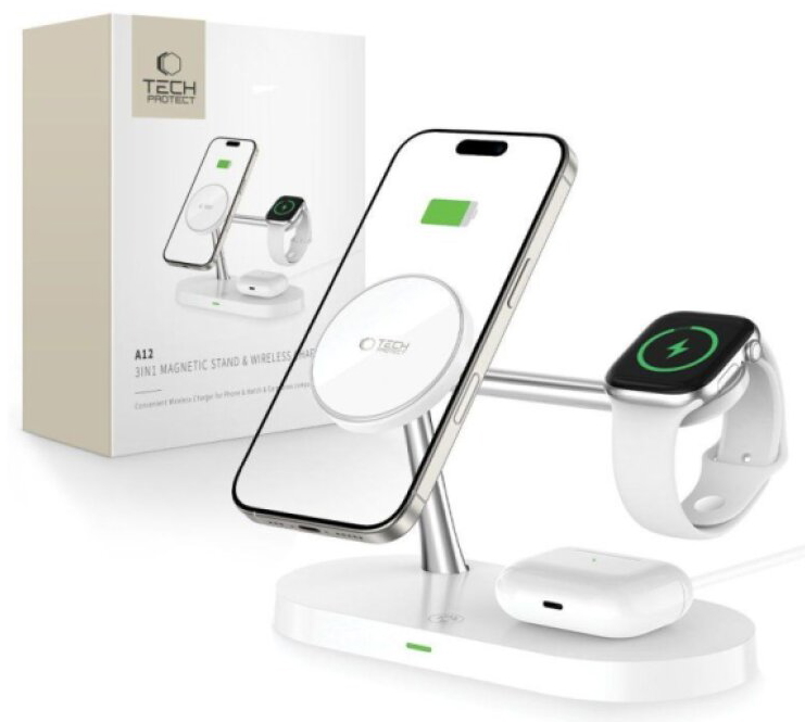 Bezdrátová rychlá nabíječka pro iPhone, AirPods a Apple Watch - Tech-Protect, A12 MagSafe Wireless Charger White