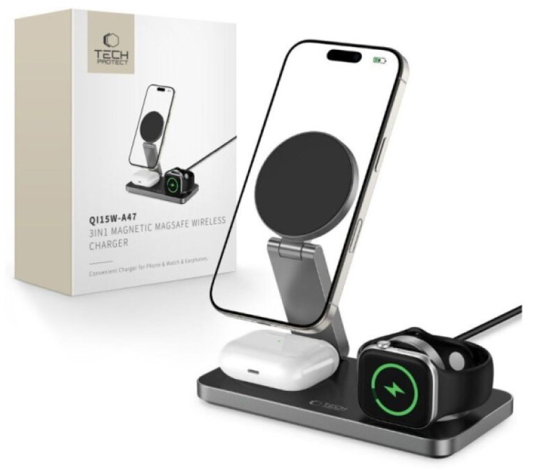 Bezdrátová nabíječka pro iPhone, Apple Watch a AirPods - Tech-Protect, QI15W-A47 Wireless Charger Black