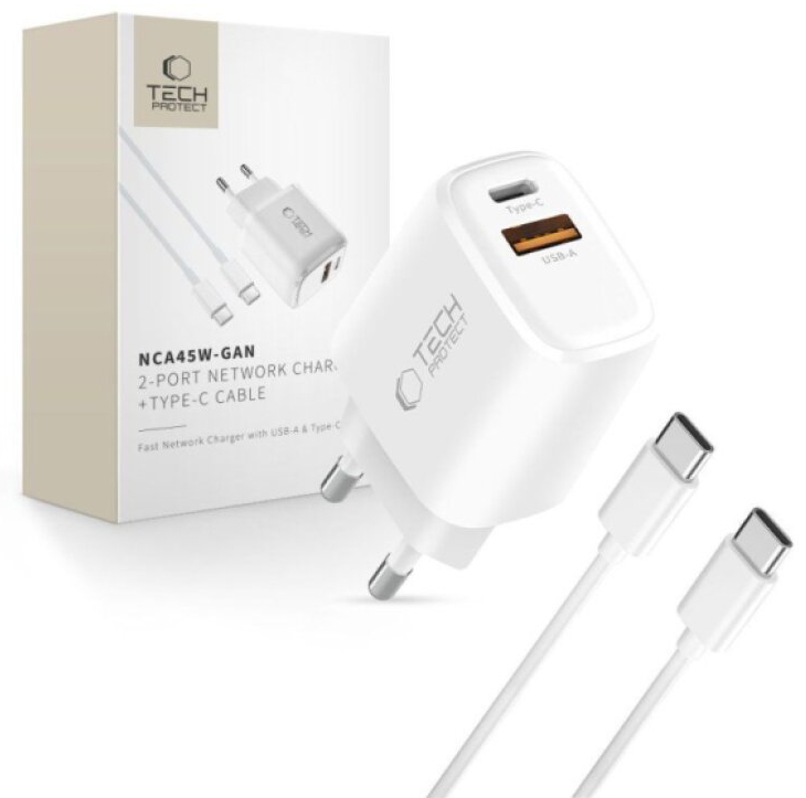 Nabíjecí USB adaptér do sítě - Tech-Protect, NCA45W-GAN PD45W/QC3.0 White + USB-C kabel
