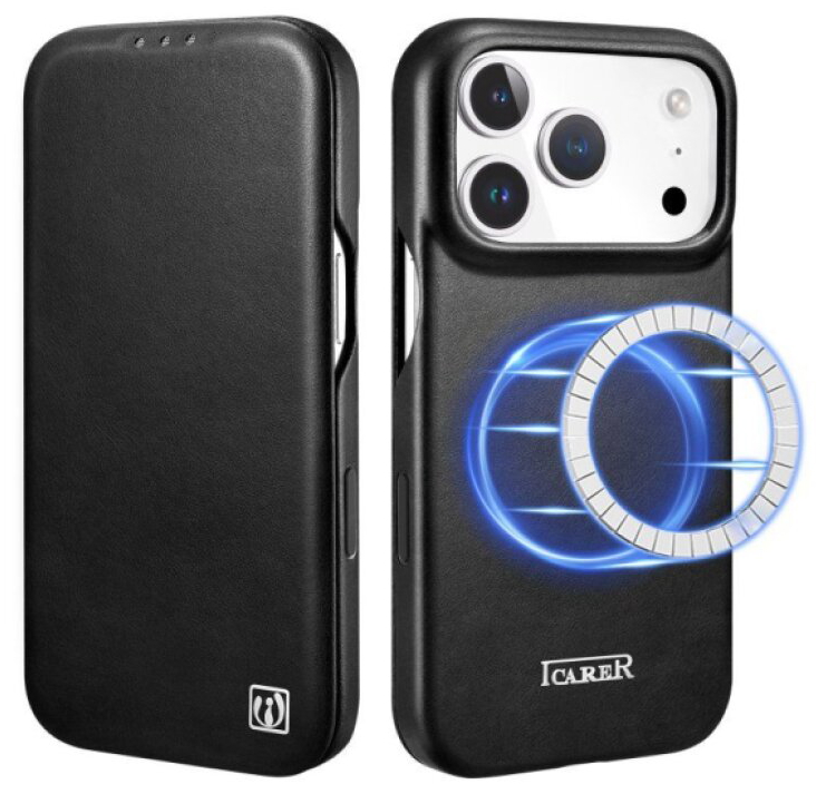 Knížkové pouzdro na iPhone 17 Pro MAX - iCarer, Oil Wax Real Leather MagSafe Black
