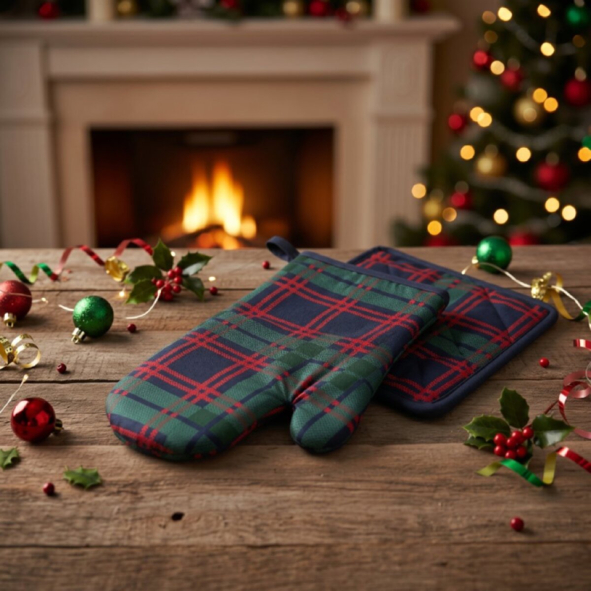 Vánoční kuchyňská rukavice a chňapka CHRISTMASSY zelená/modrá – 2 ks