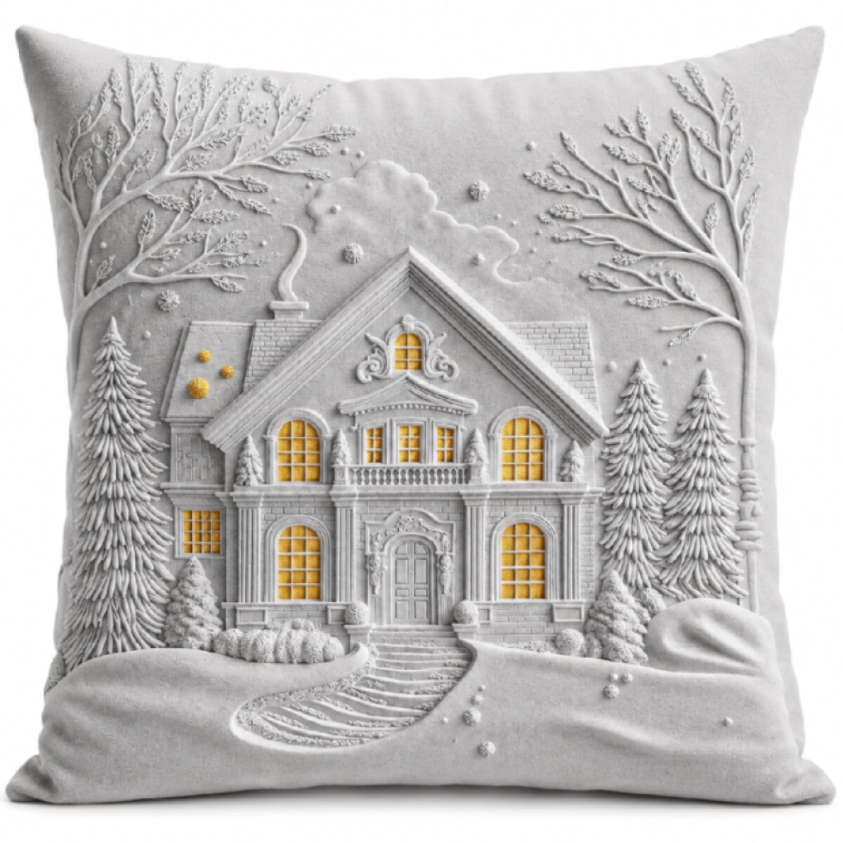 Vánoční povlak na polštář CHRISTMAS HOUSE 3D 40x40 cm, stříbrný efekt,