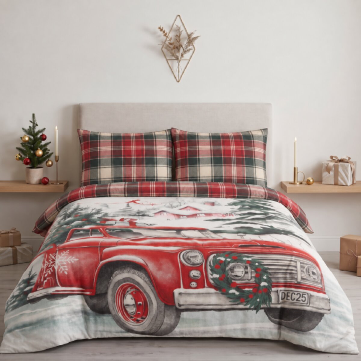 Vánoční bavlněné povlečení RED CAR 220×200 cm + 2× 70×80 cm