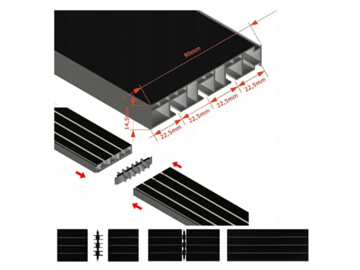 Plastová třířadá stropní kolejnice ALBERTO černá, různé rozměry, háčky s válečkem Mybesthome