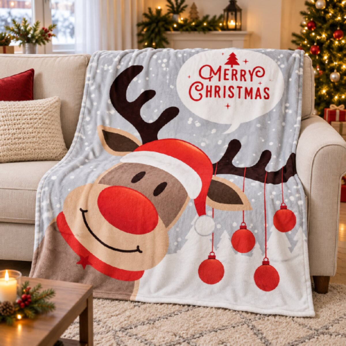 Vánoční deka mikrovláknová MERRY CHRISTMAS šedá 150x200 cm