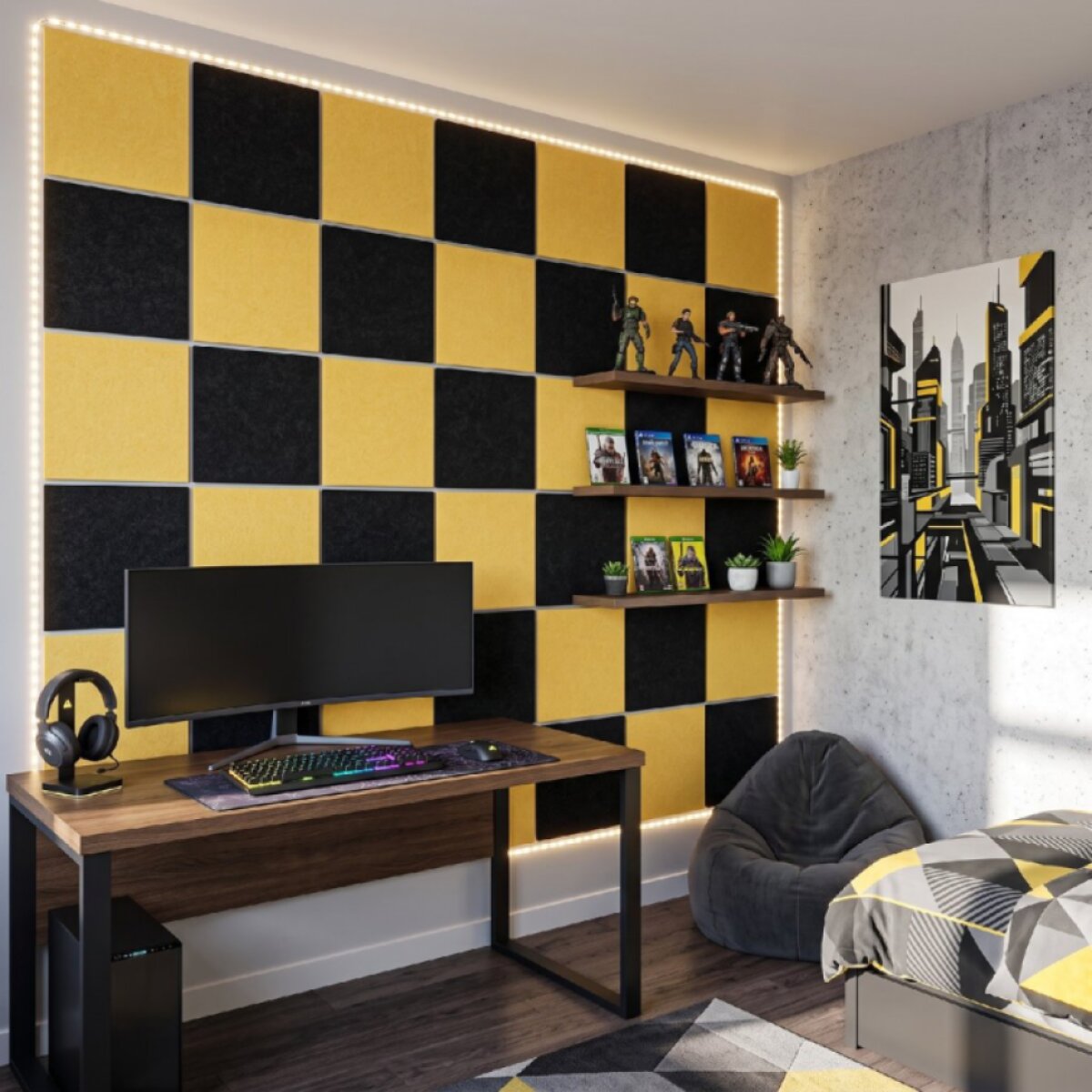 Dekorativní filcový nástěnný panel CROSS černá 40x40 cm čtverec - Cena za 2 kusy v balení