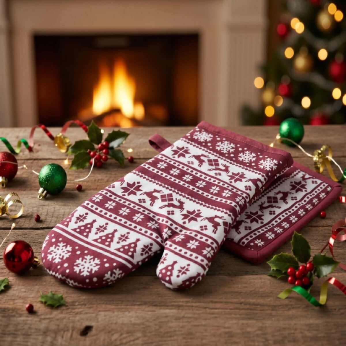Vánoční kuchyňská rukavice a chňapka CHRISTMASSY bílá/vínová – 2 ks
