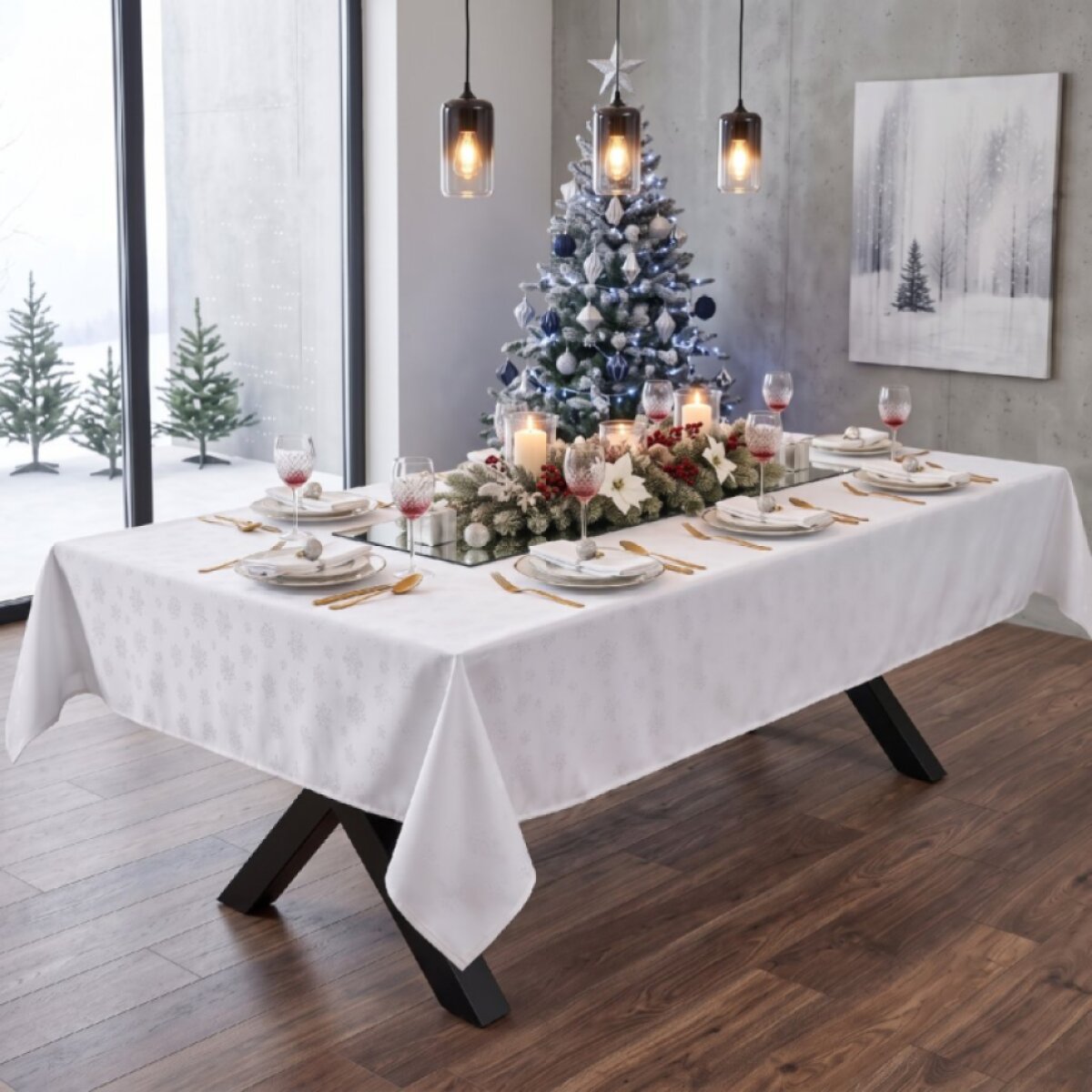 Vánoční ubrus na stůl SNOWFLAKES bílá 150x300 cm