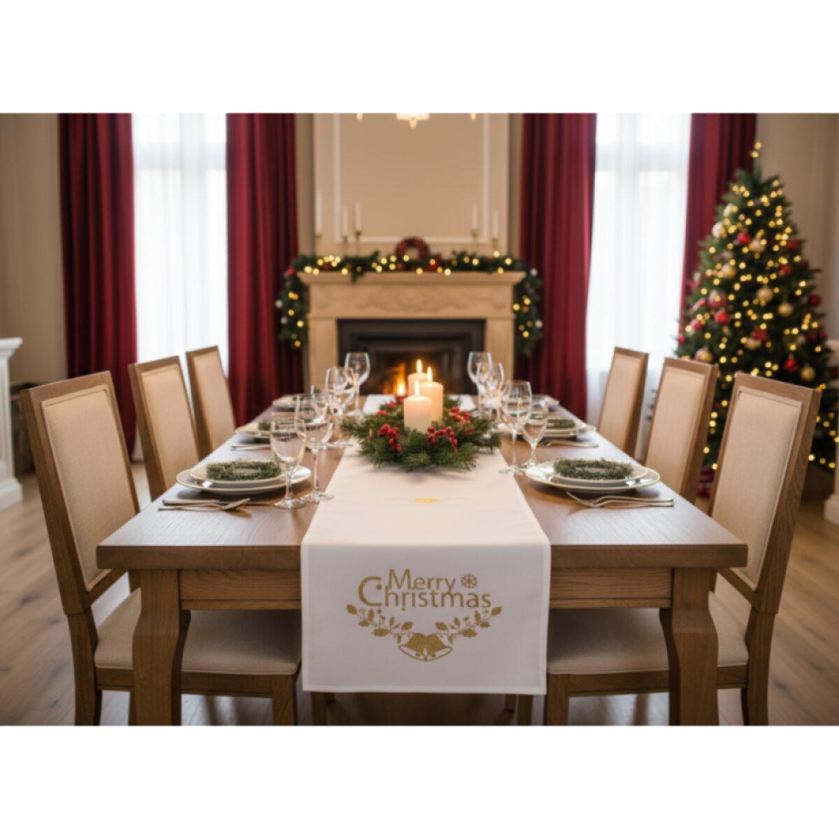 Vánoční běhoun na stůl HOLLY CHRISTMAS bílá 35x180 cm